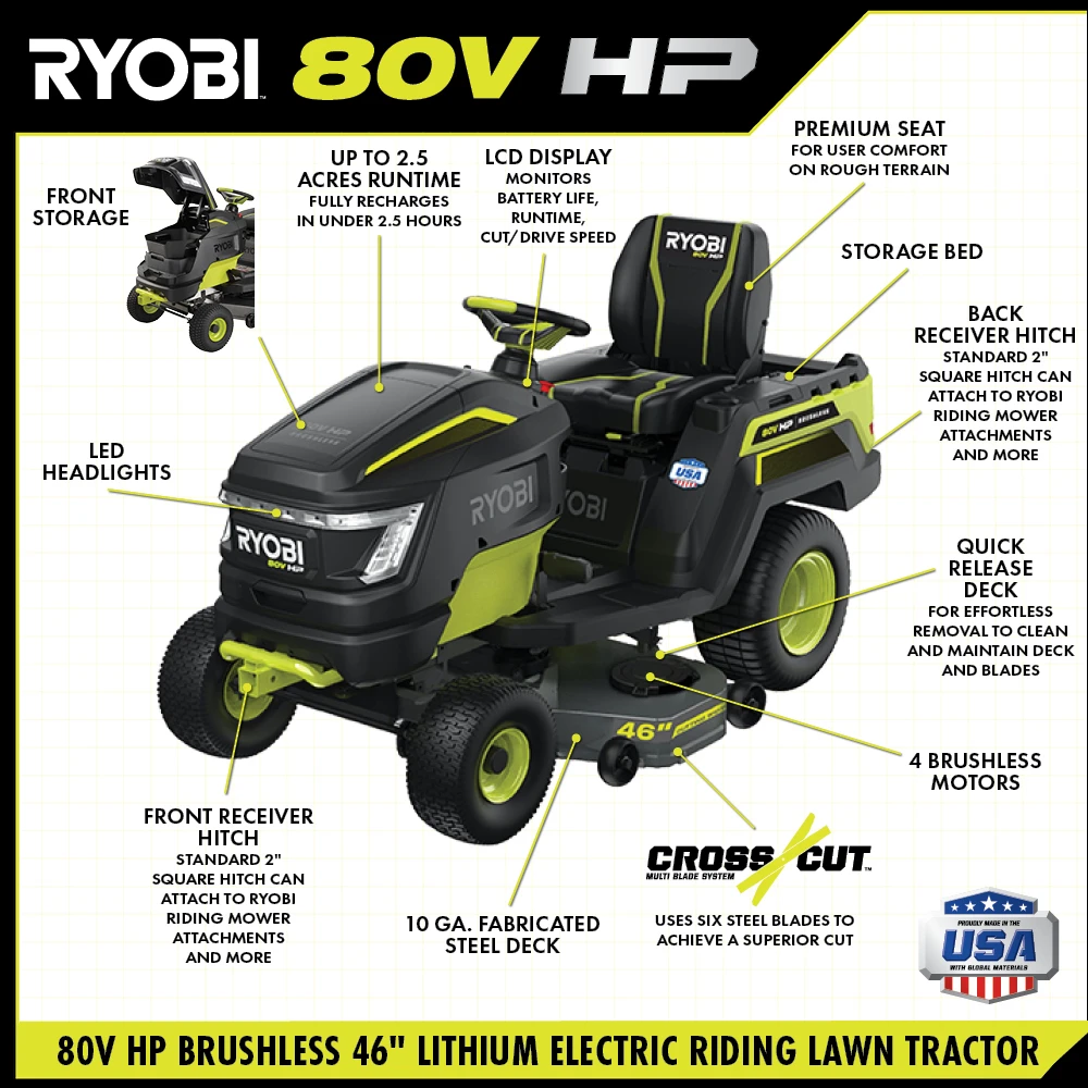 80V HP BRUSHLESS 46" TRACTOR RIDING MOWER